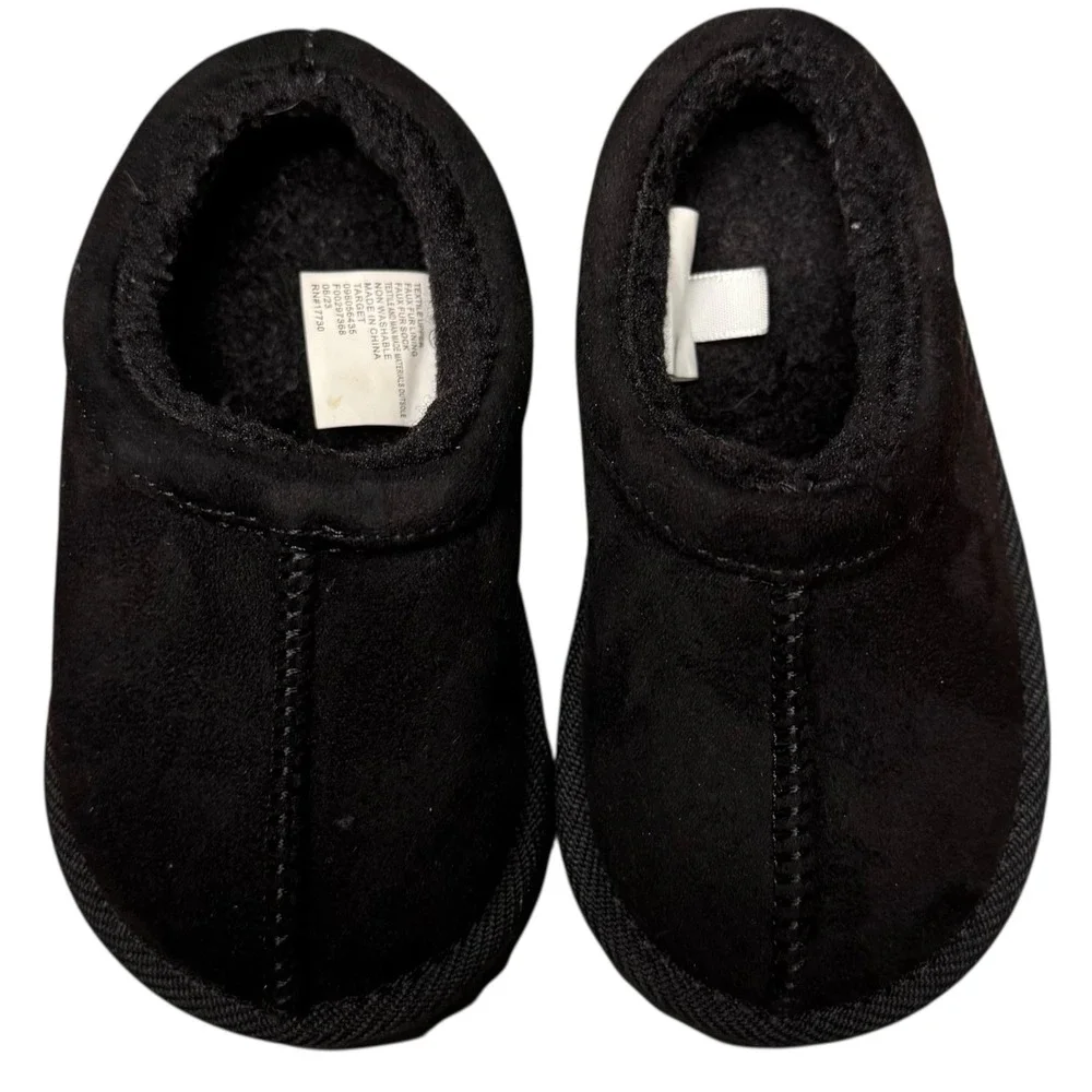 Kids Black Suede Like Slippers Size 5 Faux Fur Lined‎ Slip On House Shoes SU